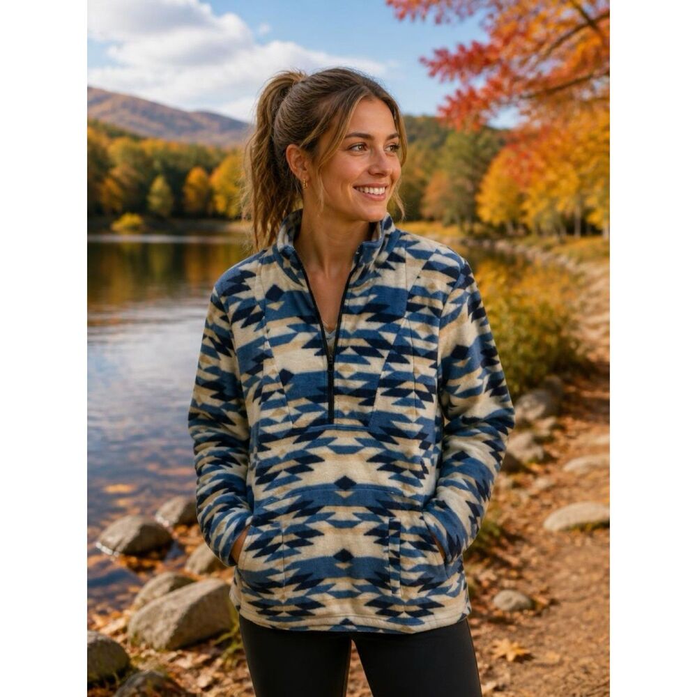 NWT Southwestern Aztec Quarter-Zip Fleece Pullover | Blue Medium | Cowgirl